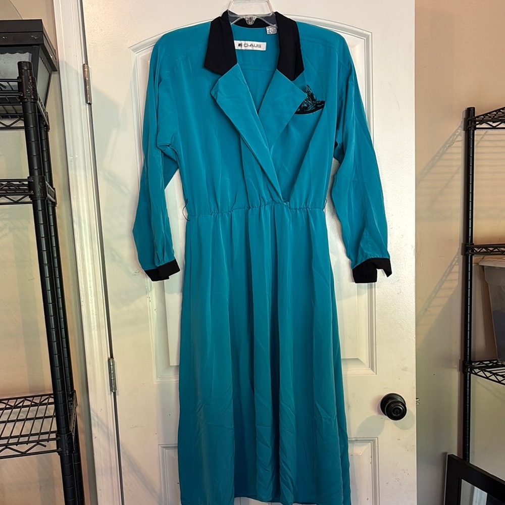 Vintage Elegant Teal Dress with Black Accents